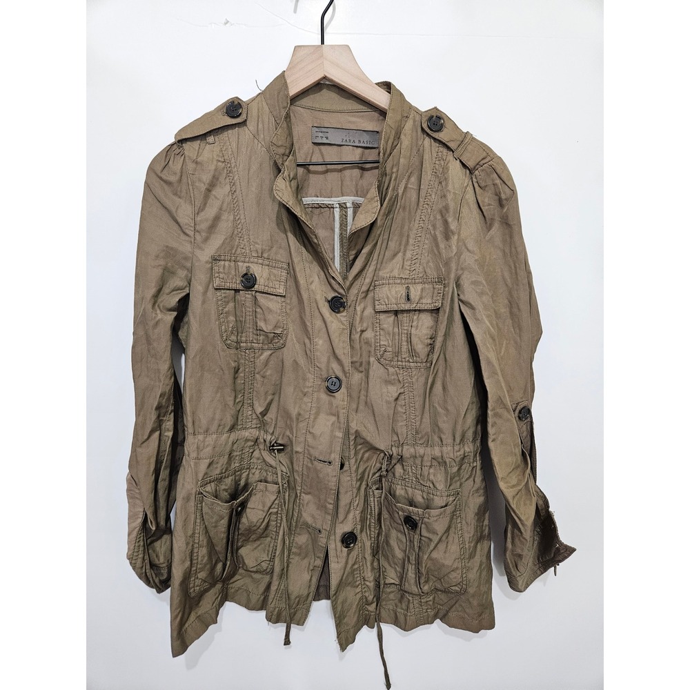 Zara Basic‎ Womens Utility Field Jacket Olive Green Khaki Button Front Size L